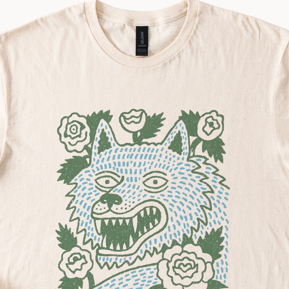 Linocut Print Tee – Snarling Wolf & Roses - Picture 2 of 5
